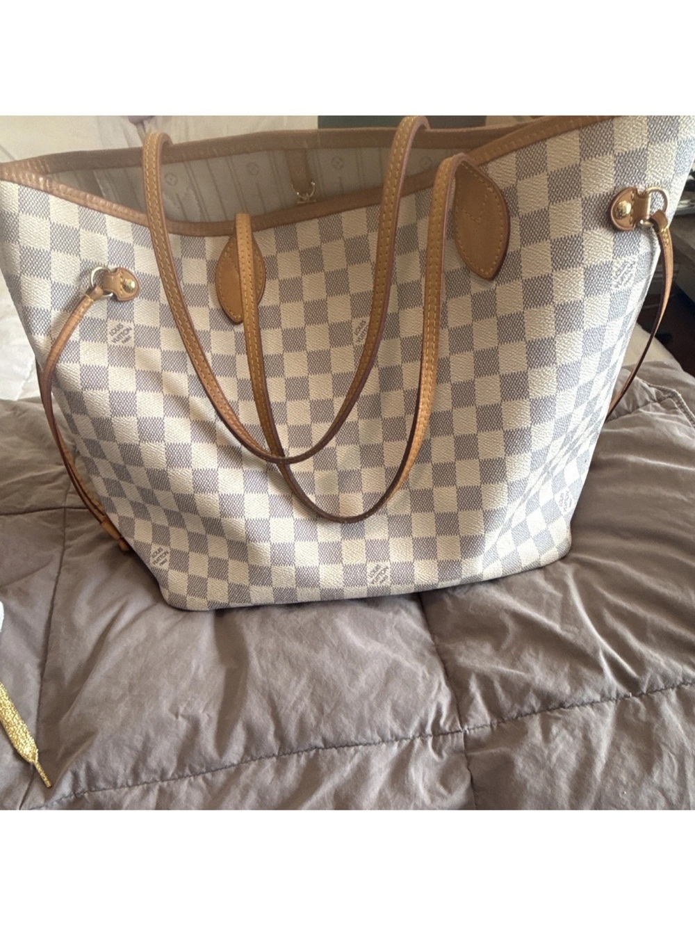 Louis Vuitton Damier Azur Neverfull Tote Beige Leather Authentic - Picture 2 of 15